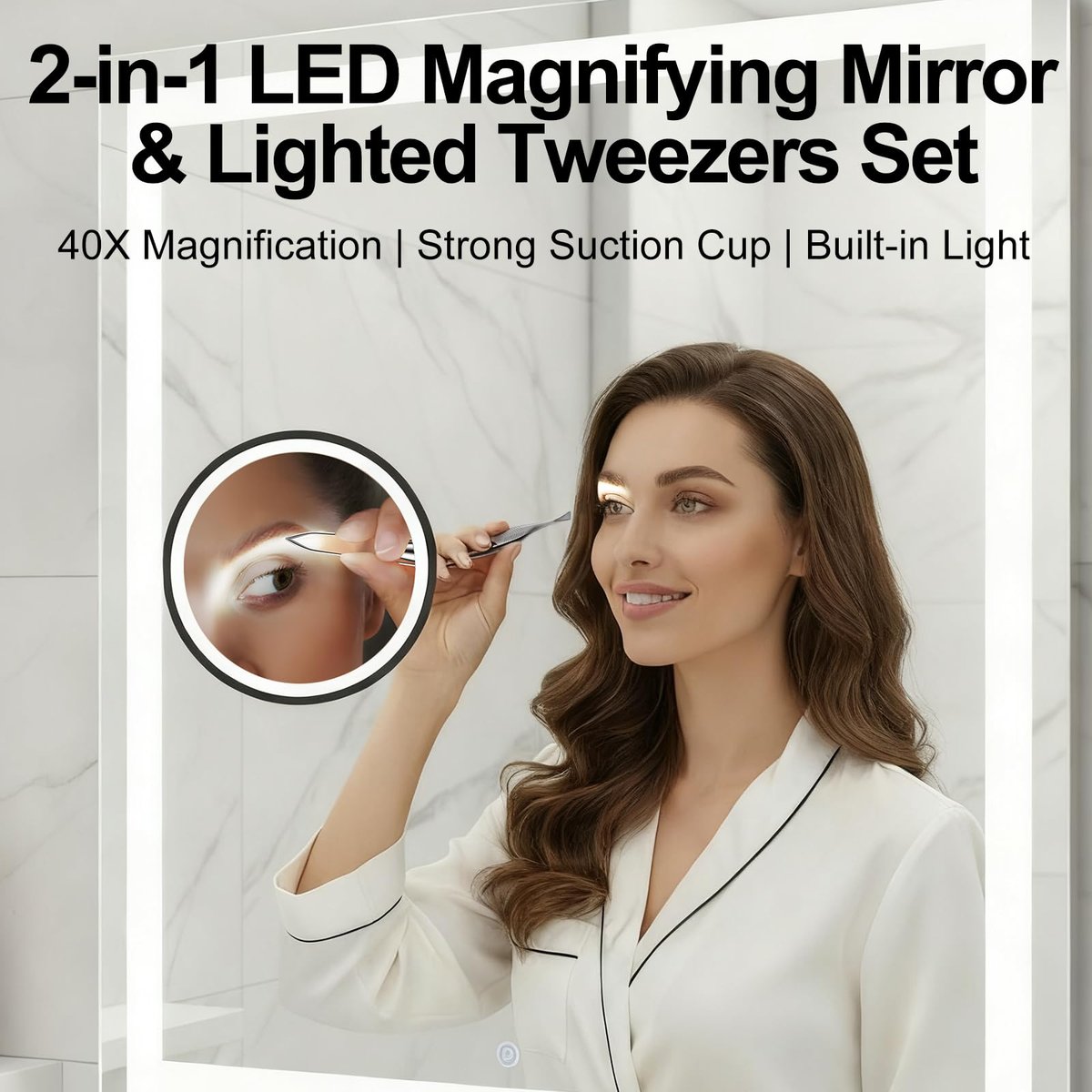 Ceoighe LED Lighted Tweezers & 40X Magnifying Mirror with Suction Cup Set, 2-in-1 Hands-Free Makeup Mirror with Light and Precision Light Up Tweezers - görsel 13