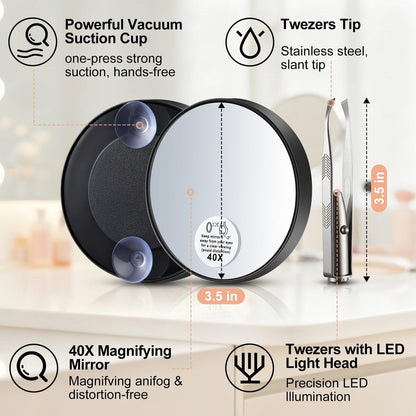 Ceoighe LED Lighted Tweezers & 40X Magnifying Mirror with Suction Cup Set, 2-in-1 Hands-Free Makeup Mirror with Light and Precision Light Up Tweezers