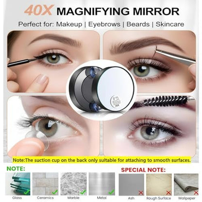 Ceoighe LED Lighted Tweezers & 40X Magnifying Mirror with Suction Cup Set, 2-in-1 Hands-Free Makeup Mirror with Light and Precision Light Up Tweezers