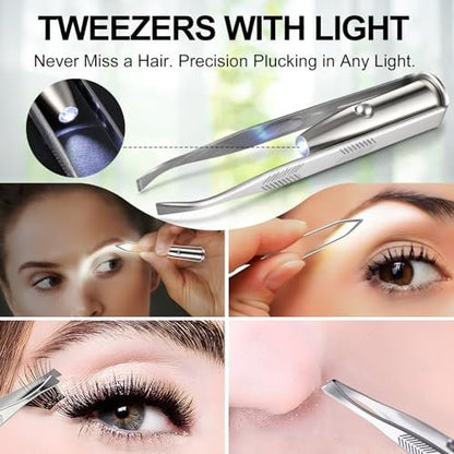 Ceoighe LED Lighted Tweezers & 40X Magnifying Mirror with Suction Cup Set, 2-in-1 Hands-Free Makeup Mirror with Light and Precision Light Up Tweezers