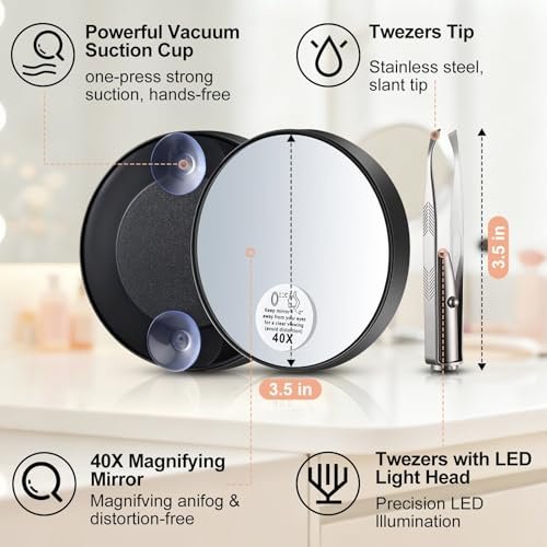 Ceoighe LED Lighted Tweezers & 40X Magnifying Mirror with Suction Cup Set, 2-in-1 Hands-Free Makeup Mirror with Light and Precision Light Up Tweezers - görsel 4