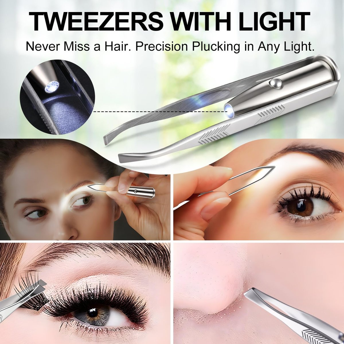 Ceoighe LED Lighted Tweezers & 40X Magnifying Mirror with Suction Cup Set, 2-in-1 Hands-Free Makeup Mirror with Light and Precision Light Up Tweezers - görsel 9