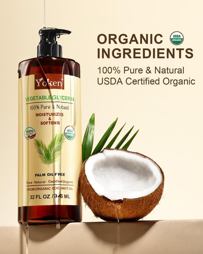 Organic Glycerin Vegetable Glycerine 32 fl oz - USDA Certified, Coconut-Derived, No Palm Oil, Natural Pure for Skin Face Hair, DIY Soap & Slime, Essential Oil Carrier Avelisse