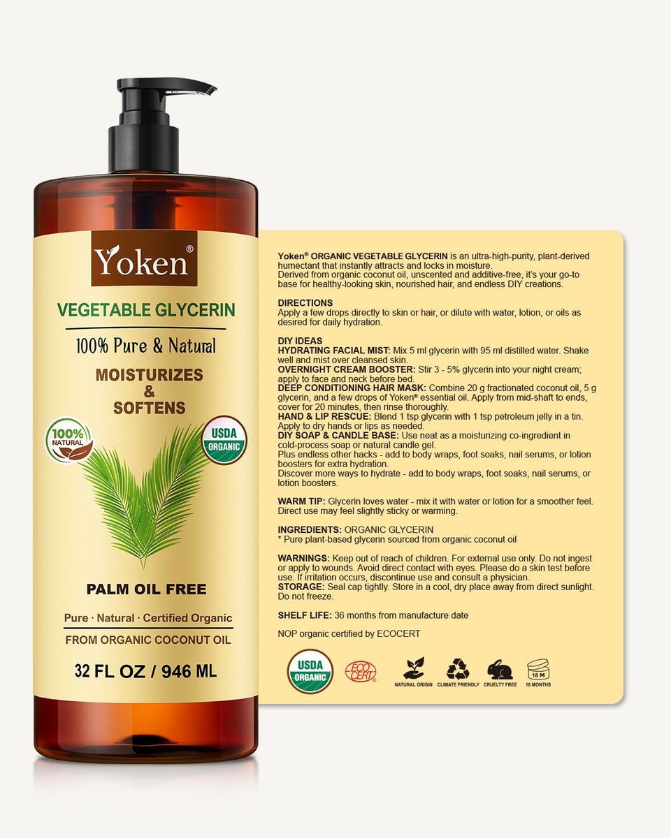 Organic Glycerin Vegetable Glycerine 32 fl oz - USDA Certified, Coconut-Derived, No Palm Oil, Natural Pure for Skin Face Hair, DIY Soap & Slime, Essential Oil Carrier Avelisse