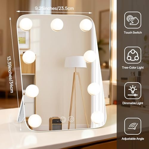 JJhxr Vanity Mirror with Lights - Hollywood Lighted Makeup Mirror with 9 Dimmable Bulbs, 3 Color & Brightness Adjustment, USB Charging Port (13.39"x23.5", White) - görsel 14