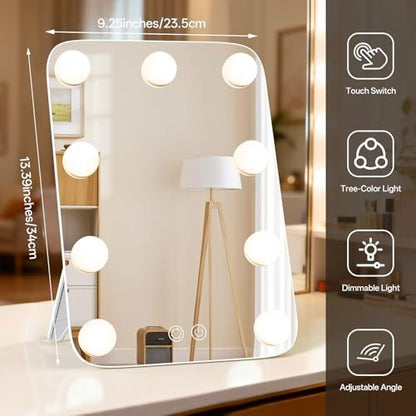JJhxr Vanity Mirror with Lights - Hollywood Lighted Makeup Mirror with 9 Dimmable Bulbs, 3 Color & Brightness Adjustment, USB Charging Port (13.39"x23.5", White)