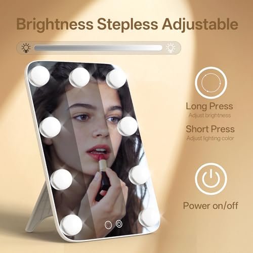 JJhxr Vanity Mirror with Lights - Hollywood Lighted Makeup Mirror with 9 Dimmable Bulbs, 3 Color & Brightness Adjustment, USB Charging Port (13.39"x23.5", White) - görsel 8