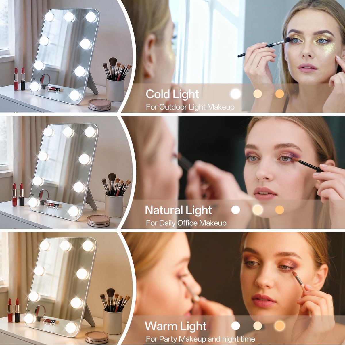JJhxr Vanity Mirror with Lights - Hollywood Lighted Makeup Mirror with 9 Dimmable Bulbs, 3 Color & Brightness Adjustment, USB Charging Port (13.39"x23.5", White) - görsel 3
