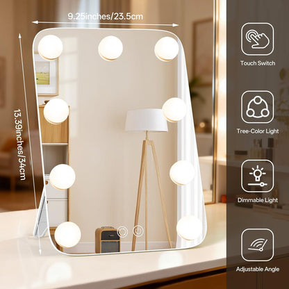 JJhxr Vanity Mirror with Lights - Hollywood Lighted Makeup Mirror with 9 Dimmable Bulbs, 3 Color & Brightness Adjustment, USB Charging Port (13.39"x23.5", White)