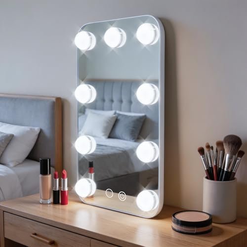 JJhxr Vanity Mirror with Lights - Hollywood Lighted Makeup Mirror with 9 Dimmable Bulbs, 3 Color & Brightness Adjustment, USB Charging Port (13.39"x23.5", White) - görsel 10