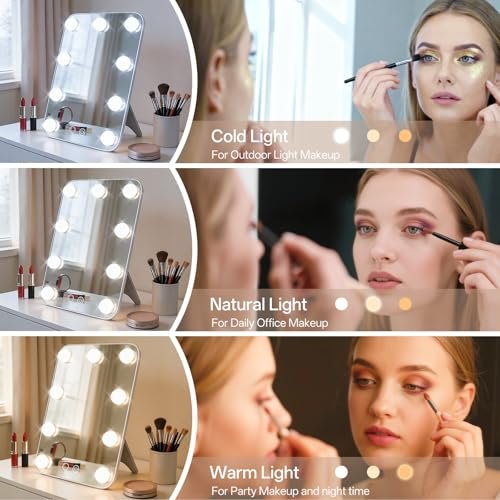 JJhxr Vanity Mirror with Lights - Hollywood Lighted Makeup Mirror with 9 Dimmable Bulbs, 3 Color & Brightness Adjustment, USB Charging Port (13.39"x23.5", White) - görsel 4