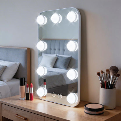 JJhxr Vanity Mirror with Lights - Hollywood Lighted Makeup Mirror with 9 Dimmable Bulbs, 3 Color & Brightness Adjustment, USB Charging Port (13.39"x23.5", White)