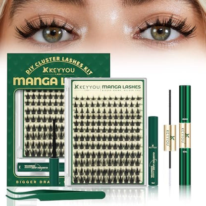 KEYYOU LASH California Sunset Manga Lash Clusters Kit 8-18mm DIY Eyelash Extensions with Bond, Seal, Remover & Applicator - Soft Thin Band, Natural Fairy Cluster Lashes (Upgraded MG01) Avelisse