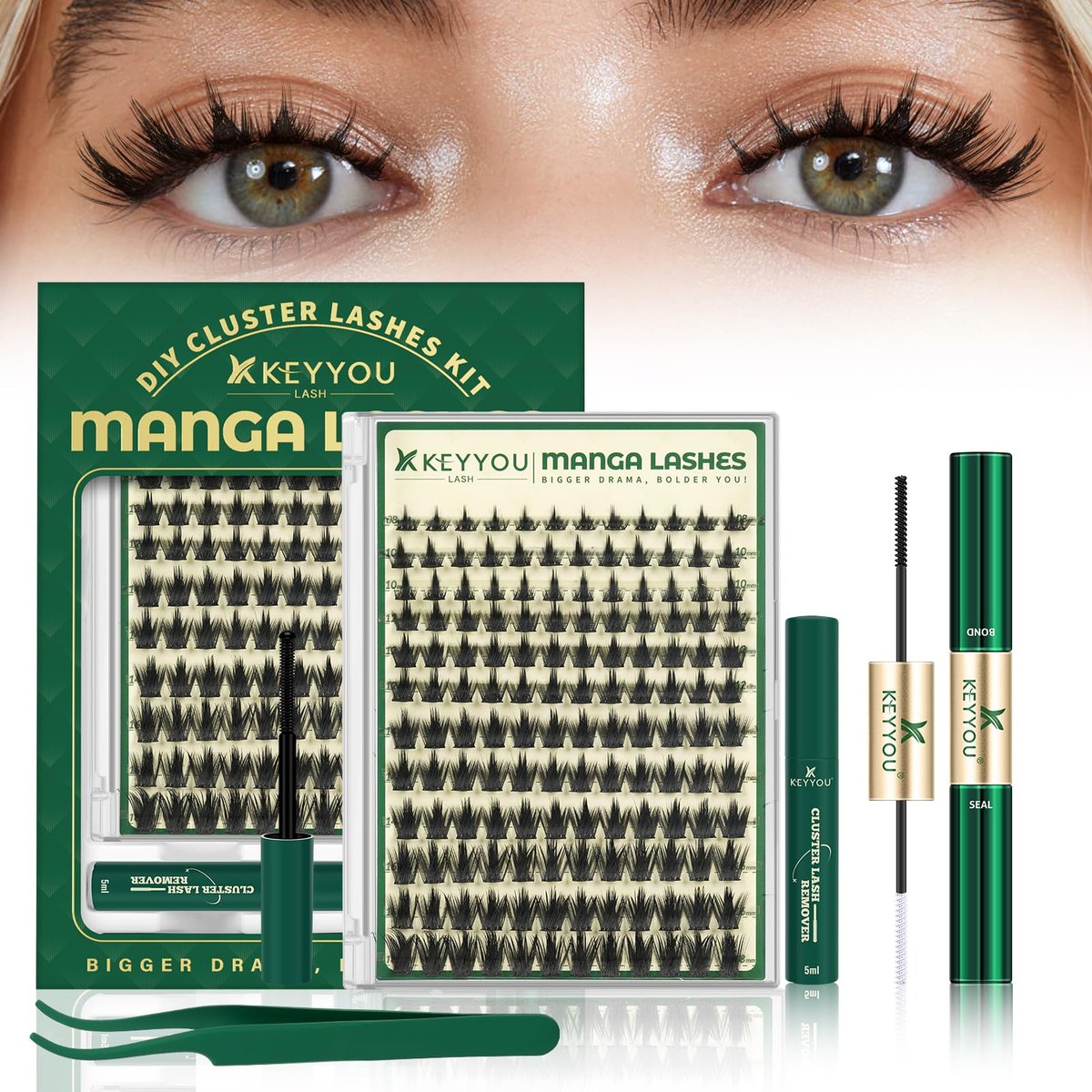 KEYYOU LASH California Sunset Manga Lash Clusters Kit 8-18mm DIY Eyelash Extensions with Bond, Seal, Remover & Applicator - Soft Thin Band, Natural Fairy Cluster Lashes (Upgraded MG01) Avelisse