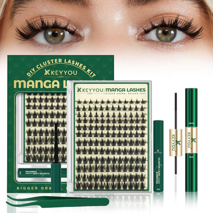 KEYYOU LASH California Sunset Manga Lash Clusters Kit 8-18mm DIY Eyelash Extensions with Bond, Seal, Remover & Applicator - Soft Thin Band, Natural Fairy Cluster Lashes (Upgraded MG01) Avelisse