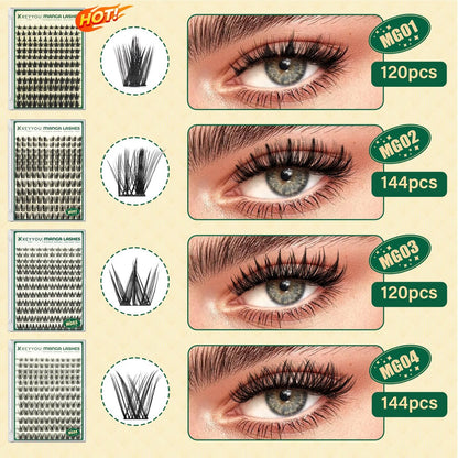 KEYYOU LASH California Sunset Manga Lash Clusters Kit 8-18mm DIY Eyelash Extensions with Bond, Seal, Remover & Applicator - Soft Thin Band, Natural Fairy Cluster Lashes (Upgraded MG01) Avelisse