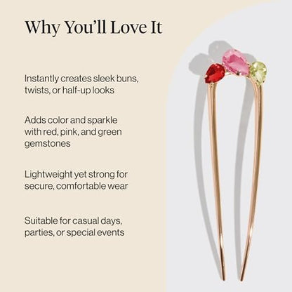 Kitsch French Hair Pin for Women – Gold Hair Accessories with Gemstone Accents, Lightweight Metal Hair Stick for Effortless Updos, Twists & Buns