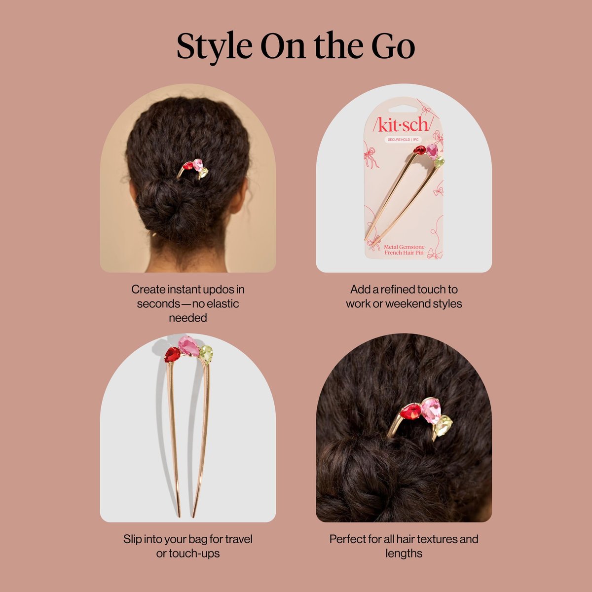 Kitsch French Hair Pin for Women – Gold Hair Accessories with Gemstone Accents, Lightweight Metal Hair Stick for Effortless Updos, Twists & Buns - görsel 13
