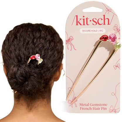 Kitsch French Hair Pin for Women – Gold Hair Accessories with Gemstone Accents, Lightweight Metal Hair Stick for Effortless Updos, Twists & Buns