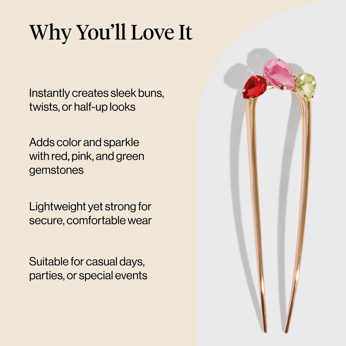 Kitsch French Hair Pin for Women – Gold Hair Accessories with Gemstone Accents, Lightweight Metal Hair Stick for Effortless Updos, Twists & Buns - görsel 5