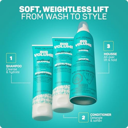Marc Anthony Big Volume Hair Mousse for Fine, Thin Hair - Lightweight Volumizing Styler with Flexible Hold, Frizz-Free & Sulfate-Free, 8 Fl Oz