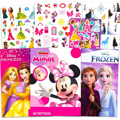 Disney Tattoos Party Favor Set for Girls - 150 Temporary Tattoos Featuring Minnie Mouse, Disney Princess and Frozen with Stickers (6 Tattoo Sheets)
