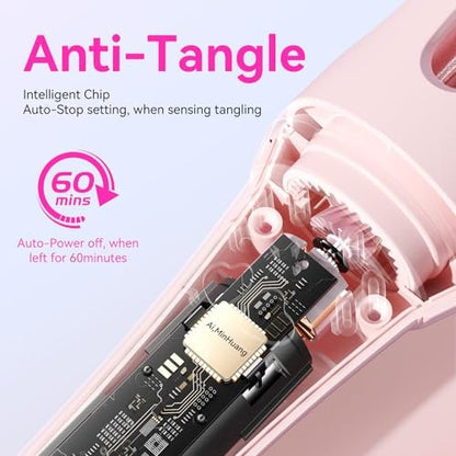 Dyhoo Auto Curling Iron 1.25 Inch - Rotating Hair Curler for Beach Waves, Anti-Scald & Anti-Tangle, Ceramic Curling Wand for Long Hair, Dual Voltage, Pink Avelisse