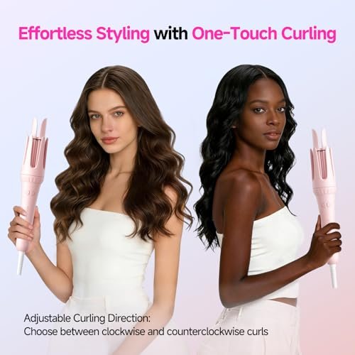 Dyhoo Auto Curling Iron 1.25 Inch - Rotating Hair Curler for Beach Waves, Anti-Scald & Anti-Tangle, Ceramic Curling Wand for Long Hair, Dual Voltage, Pink Avelisse