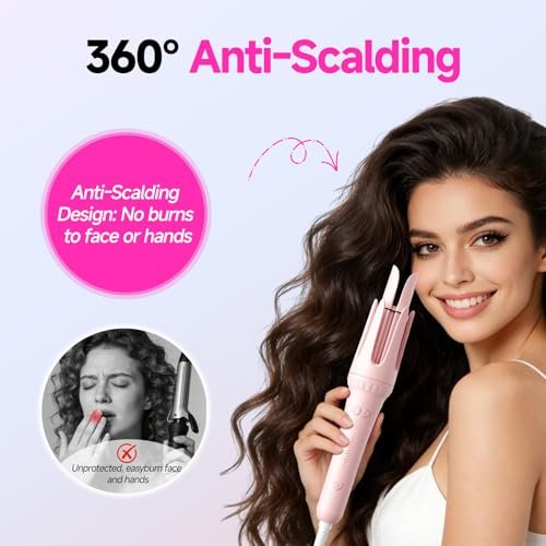 Dyhoo Auto Curling Iron 1.25 Inch - Rotating Hair Curler for Beach Waves, Anti-Scald & Anti-Tangle, Ceramic Curling Wand for Long Hair, Dual Voltage, Pink Avelisse