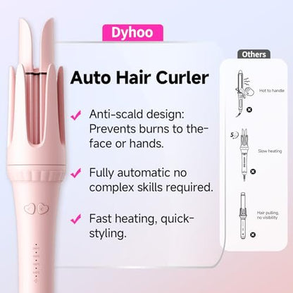 Dyhoo Auto Curling Iron 1.25 Inch - Rotating Hair Curler for Beach Waves, Anti-Scald & Anti-Tangle, Ceramic Curling Wand for Long Hair, Dual Voltage, Pink Avelisse