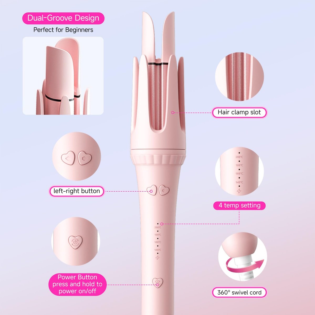 Dyhoo Auto Curling Iron 1.25 Inch - Rotating Hair Curler for Beach Waves, Anti-Scald & Anti-Tangle, Ceramic Curling Wand for Long Hair, Dual Voltage, Pink Avelisse
