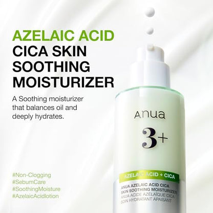 ANUA Azelaic Acid CICA Skin Soothing Moisturizer - Lightweight Redness Relief for Acne Prone Skin, Fragrance Free, Korean Skincare, 3.38 fl oz