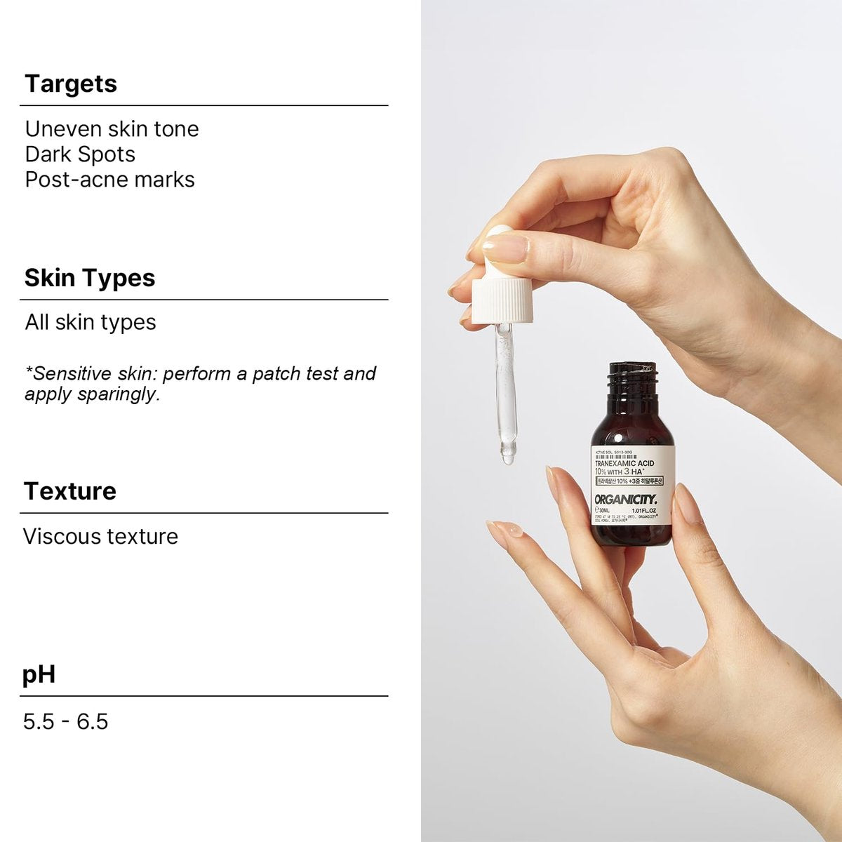 Organicity Tranexamic Acid 10% + 3 Types of Hyaluronic Acid 1% Facial Serum – Korean Skin Care for Dark Spots, Hyperpigmentation & Even Skin Tone (1.17 Fl Oz) Avelisse
