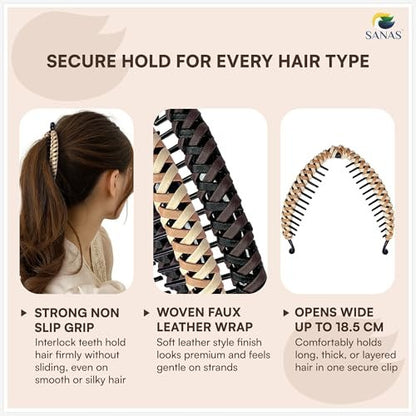 Sanas Banana Clip (2pcs) Flat Hair Clips for Women - Fishtail Claw Clips for Thick Hair, Styling Fashion Accessories - Dark Brown & Light Brown