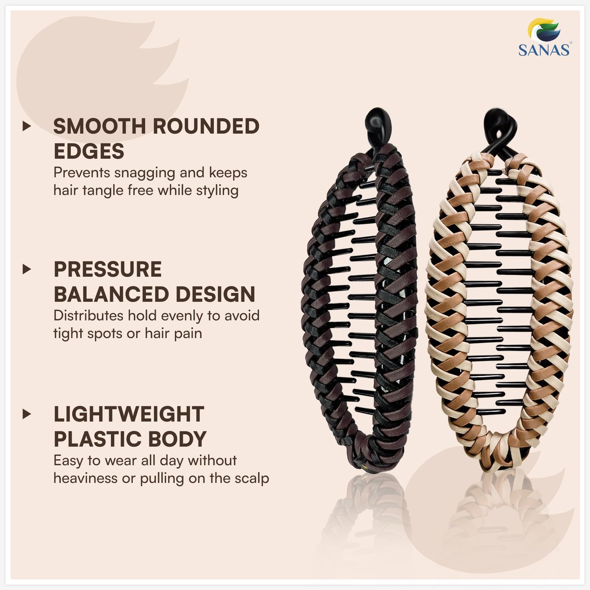 Sanas Banana Clip (2pcs) Flat Hair Clips for Women - Fishtail Claw Clips for Thick Hair, Styling Fashion Accessories - Dark Brown & Light Brown - görsel 11