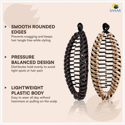Sanas Banana Clip (2pcs) Flat Hair Clips for Women - Fishtail Claw Clips for Thick Hair, Styling Fashion Accessories - Dark Brown & Light Brown