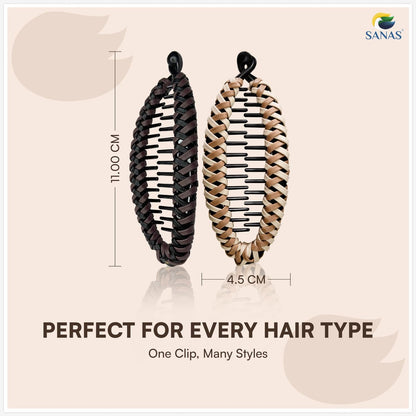 Sanas Banana Clip (2pcs) Flat Hair Clips for Women - Fishtail Claw Clips for Thick Hair, Styling Fashion Accessories - Dark Brown & Light Brown
