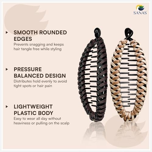 Sanas Banana Clip (2pcs) Flat Hair Clips for Women - Fishtail Claw Clips for Thick Hair, Styling Fashion Accessories - Dark Brown & Light Brown - görsel 12