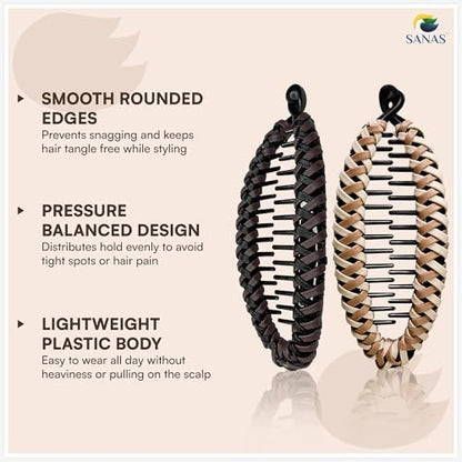Sanas Banana Clip (2pcs) Flat Hair Clips for Women - Fishtail Claw Clips for Thick Hair, Styling Fashion Accessories - Dark Brown & Light Brown