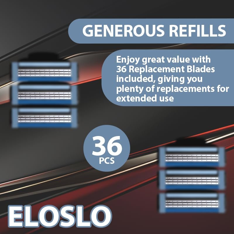 Eloslos 36-Blade Replacement Cartridges for Mach 3 Style Razors – Premium Wet Shave Men's Blades Value Pack (Blue) Avelisse
