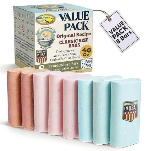 Amish Farms Soap Value Pack – 8 Easy-to-Grip Hydrating Bars (5 oz Each, 2.5 lb) | Cold-Process, USA Made for Sensitive Skin, Face, Hair & Body | Gentle Clean Scent Original Recipe – Tin Tub Collection Avelisse