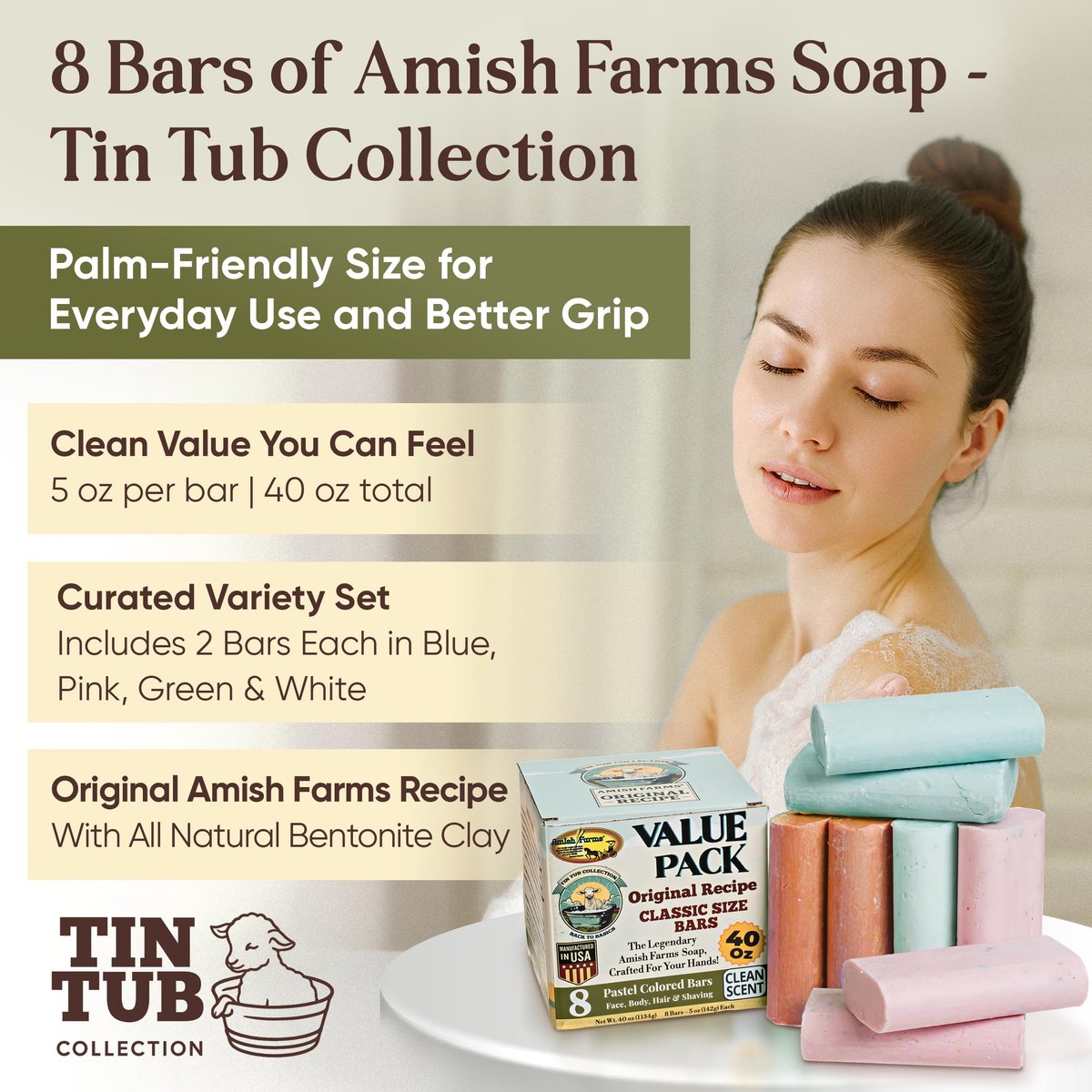 Amish Farms Soap Value Pack – 8 Easy-to-Grip Hydrating Bars (5 oz Each, 2.5 lb) | Cold-Process, USA Made for Sensitive Skin, Face, Hair & Body | Gentle Clean Scent Original Recipe – Tin Tub Collection Avelisse