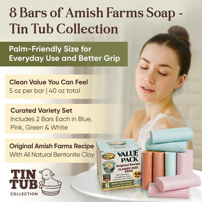 Amish Farms Soap Value Pack – 8 Easy-to-Grip Hydrating Bars (5 oz Each, 2.5 lb) | Cold-Process, USA Made for Sensitive Skin, Face, Hair & Body | Gentle Clean Scent Original Recipe – Tin Tub Collection Avelisse