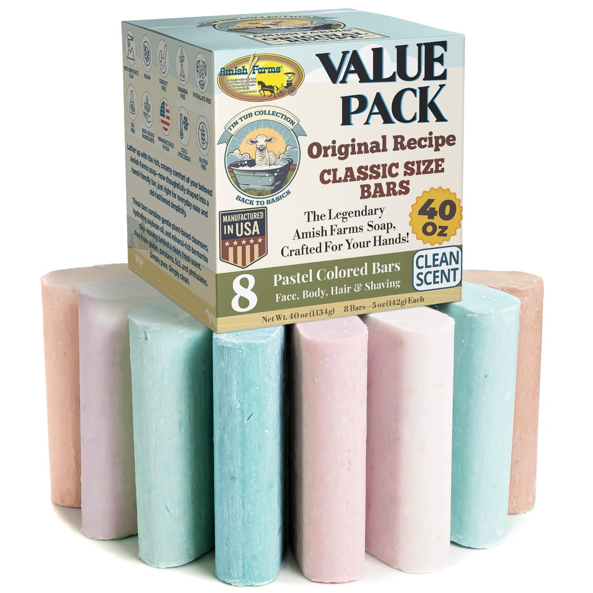 Amish Farms Soap Value Pack – 8 Easy-to-Grip Hydrating Bars (5 oz Each, 2.5 lb) | Cold-Process, USA Made for Sensitive Skin, Face, Hair & Body | Gentle Clean Scent Original Recipe – Tin Tub Collection Avelisse