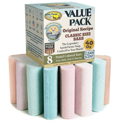 Amish Farms Soap Value Pack – 8 Easy-to-Grip Hydrating Bars (5 oz Each, 2.5 lb) | Cold-Process, USA Made for Sensitive Skin, Face, Hair & Body | Gentle Clean Scent Original Recipe – Tin Tub Collection Avelisse