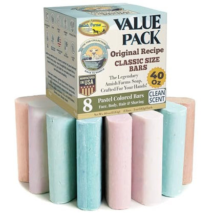 Amish Farms Soap Value Pack – 8 Easy-to-Grip Hydrating Bars (5 oz Each, 2.5 lb) | Cold-Process, USA Made for Sensitive Skin, Face, Hair & Body | Gentle Clean Scent Original Recipe – Tin Tub Collection Avelisse