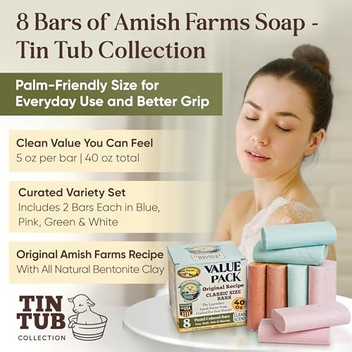 Amish Farms Soap Value Pack – 8 Easy-to-Grip Hydrating Bars (5 oz Each, 2.5 lb) | Cold-Process, USA Made for Sensitive Skin, Face, Hair & Body | Gentle Clean Scent Original Recipe – Tin Tub Collection Avelisse