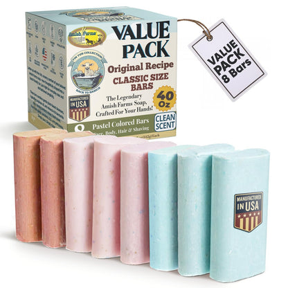 Amish Farms Soap Value Pack – 8 Easy-to-Grip Hydrating Bars (5 oz Each, 2.5 lb) | Cold-Process, USA Made for Sensitive Skin, Face, Hair & Body | Gentle Clean Scent Original Recipe – Tin Tub Collection Avelisse