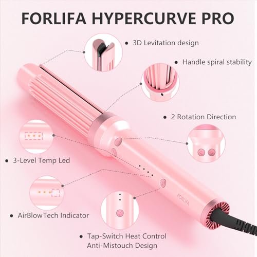 FORLIFA Automatic Curling Iron with Cool Airflow Styler – Self Rotating Curling Wand with 1.1 Billion Negative Ions, Triple Hair Protect, Tangle-Free, Dual Voltage, 3-in-1 Pro Hypercurve Auto Hair Curler (Pink, 25mm) Avelisse