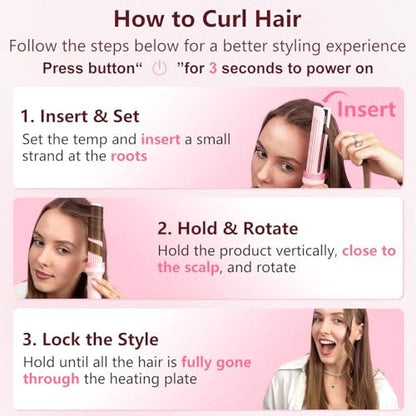 FORLIFA Automatic Curling Iron with Cool Airflow Styler – Self Rotating Curling Wand with 1.1 Billion Negative Ions, Triple Hair Protect, Tangle-Free, Dual Voltage, 3-in-1 Pro Hypercurve Auto Hair Curler (Pink, 25mm) Avelisse
